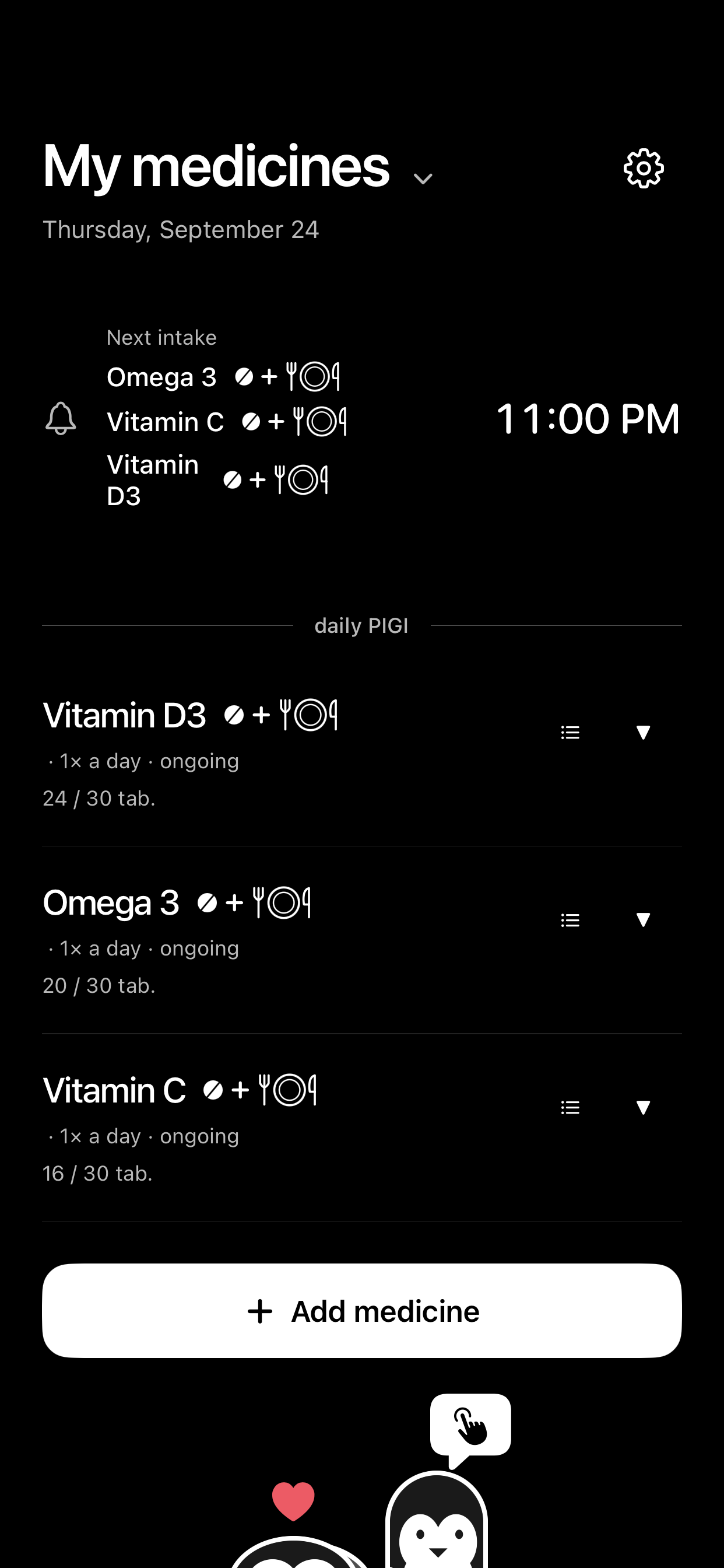 PIGI medicine list showing an upcoming intake and remaining stock for each medicine